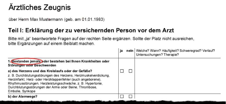 Muster - Ärztliches Zeugnis mit unbefristeten Gesundheitsfragen