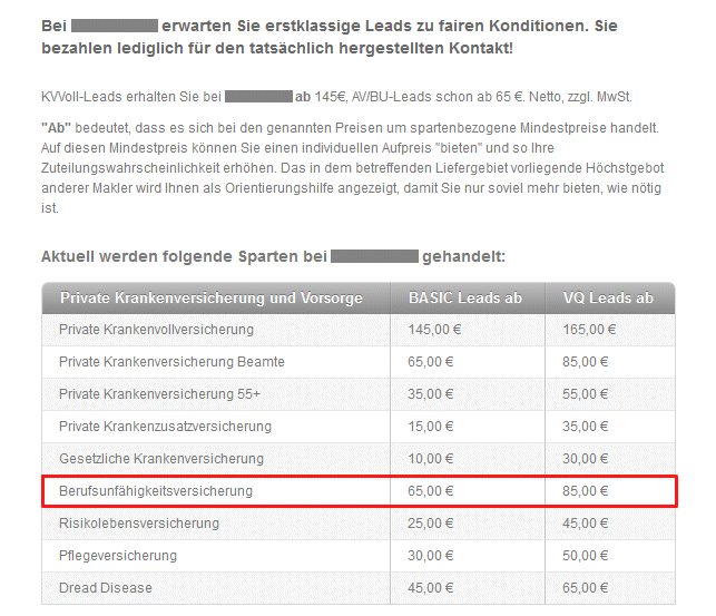 Beispiel zu Leadpreise